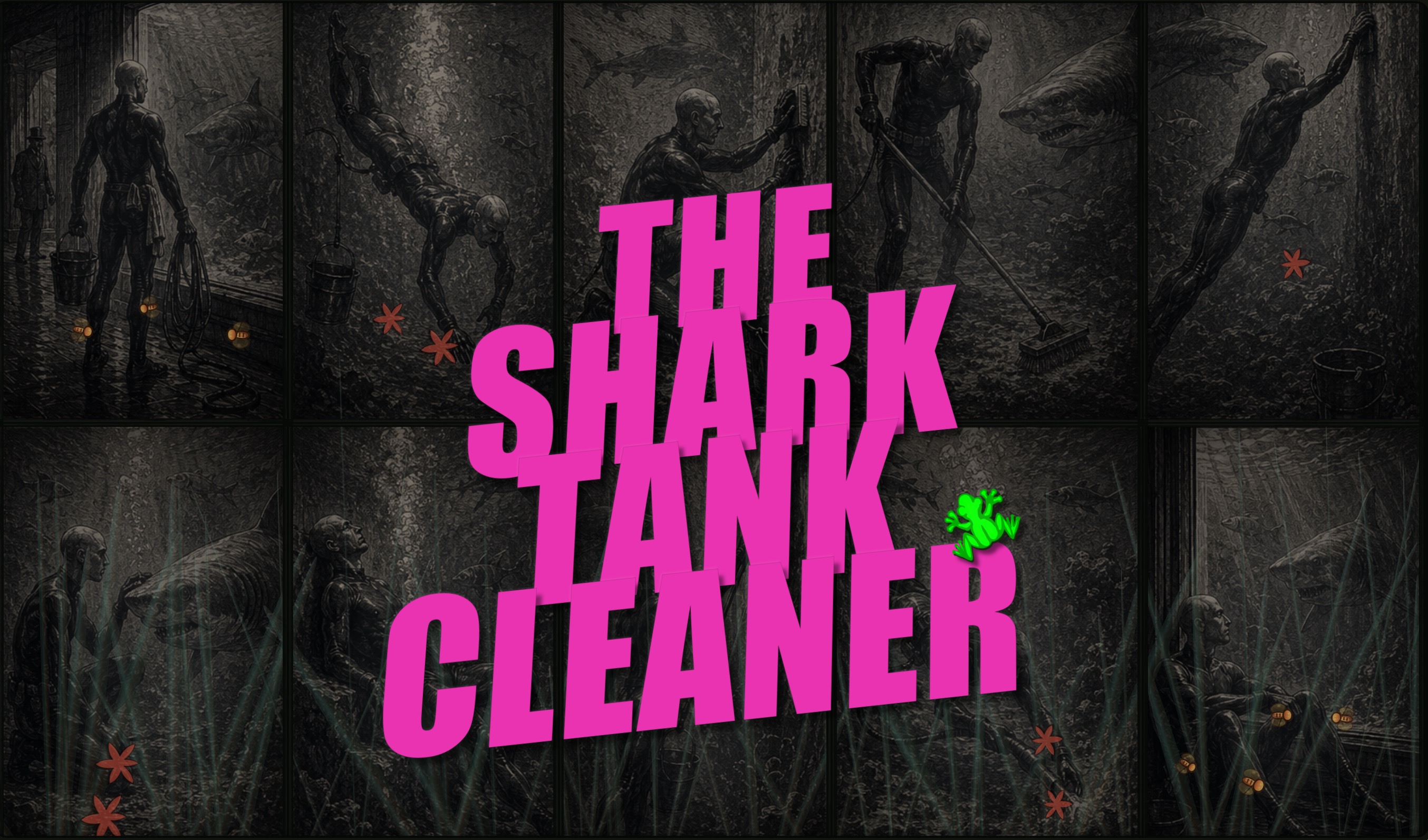 the shark tank cleaner in pinker schrift vor einer collage mit tauchern und haien, einem grünen frosch und roten seesternen.